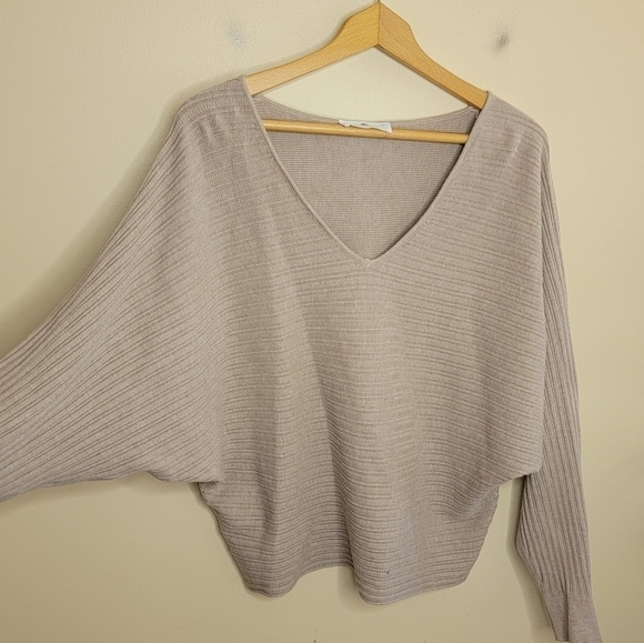 Everyday Chic Boutique | Taupe Ribbed V-neck Bat Wing Sweater Size Large - Picture 4 of 5